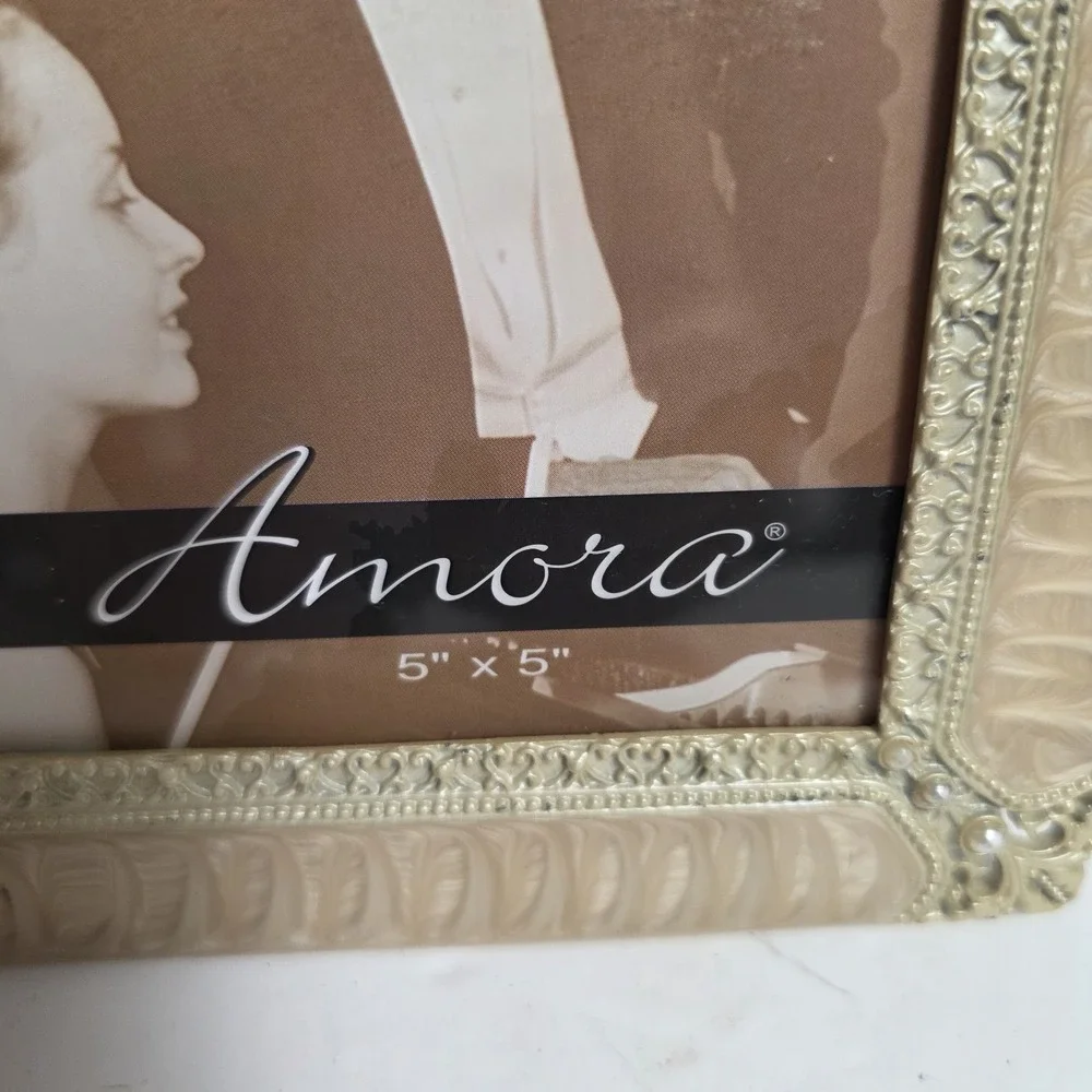 Vintage Amora Gold Enamel Square 5x5 Photo Frame Pearl Beaded Wedding Ornate